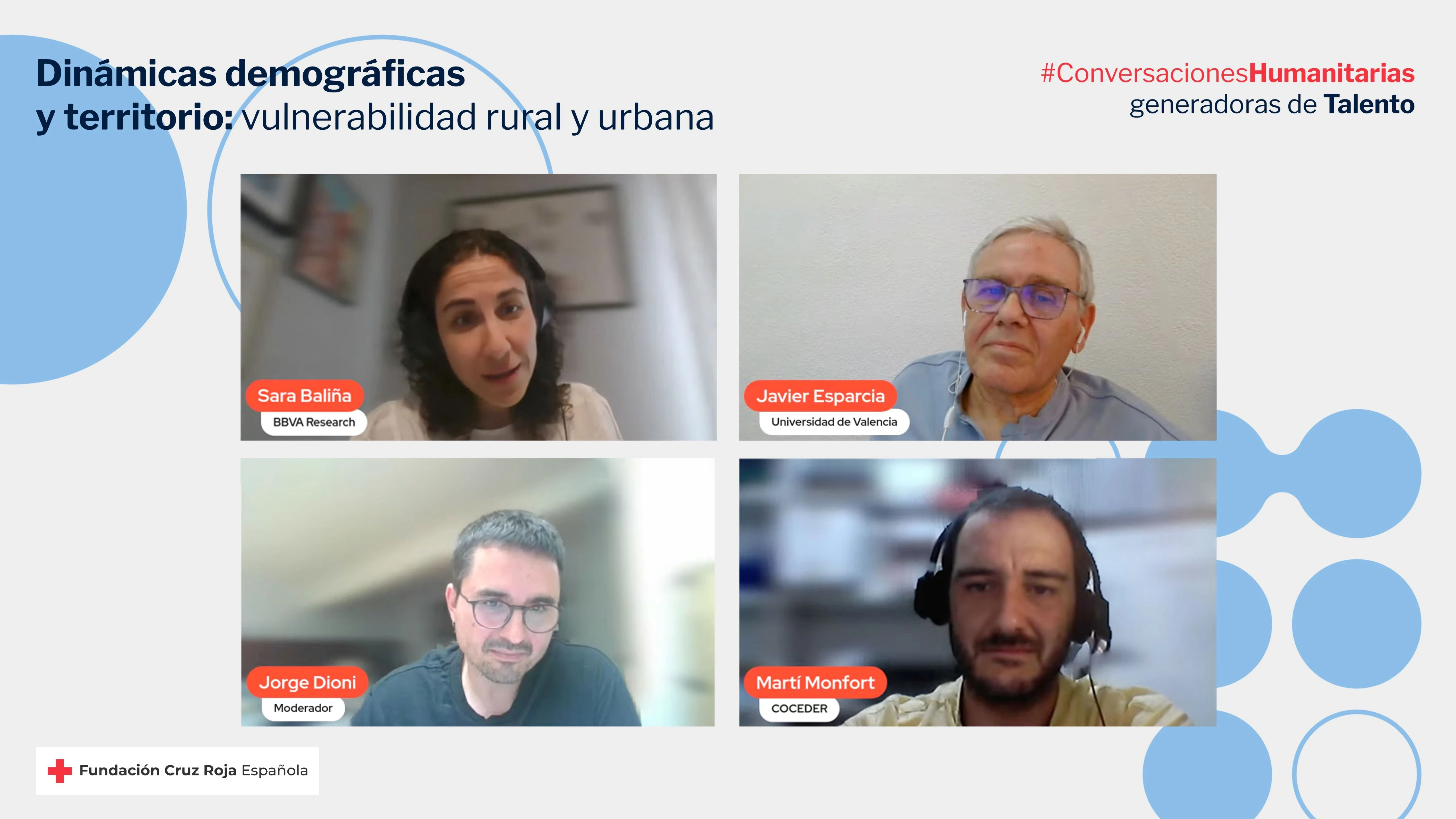 Captura de pantalla con la imagen de las personas expertas y el moderador durante el encuentro on-line
